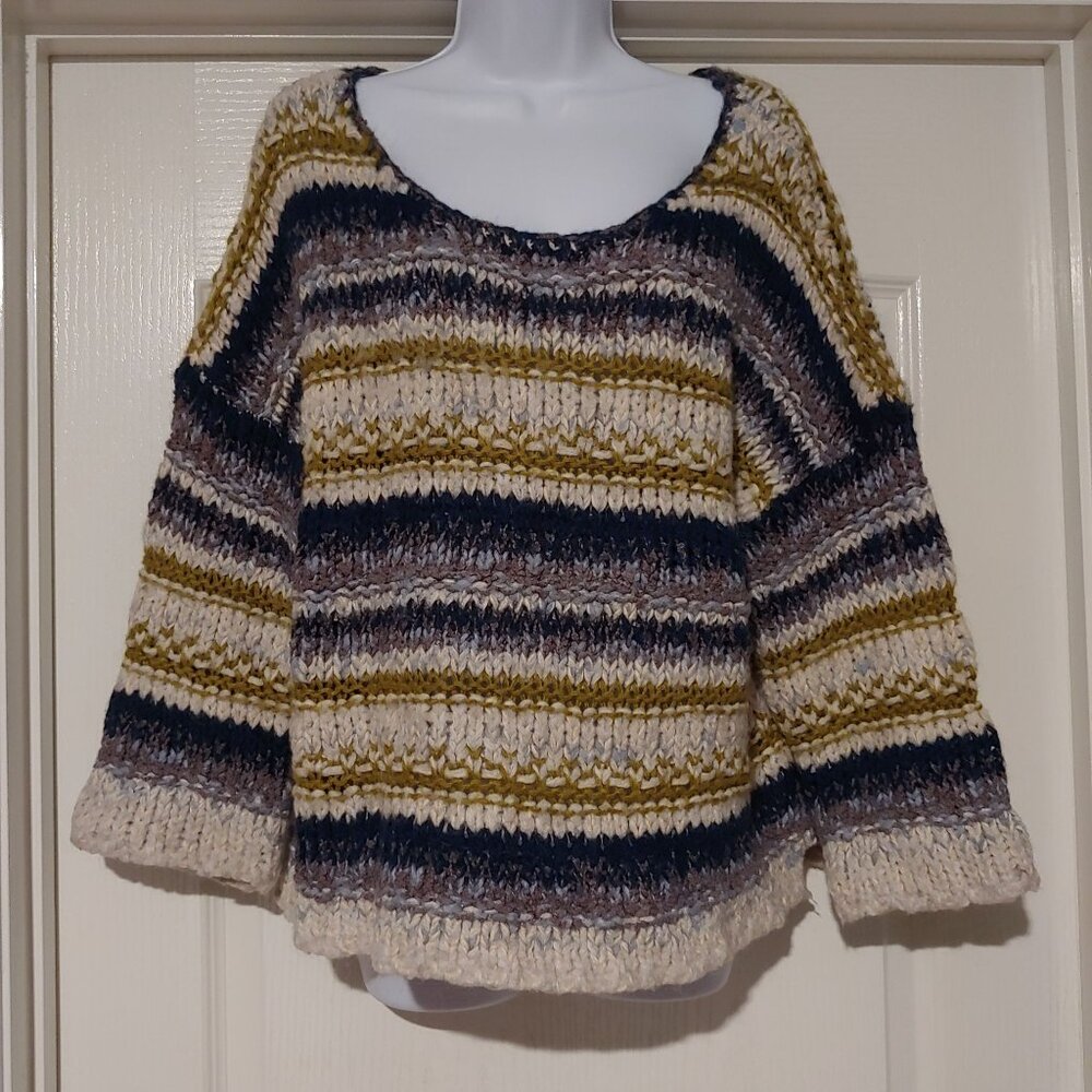 Free People Angel Pointelle-Knit Sweater in Frappuccino Combo Stripe Chunky SP